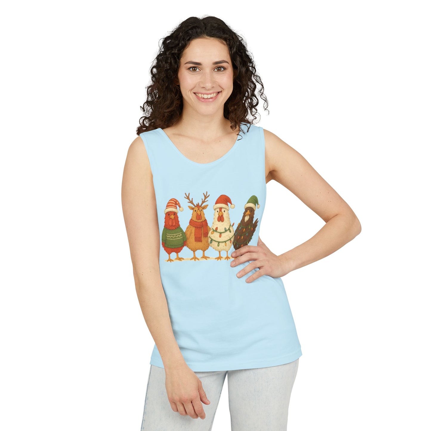 Holiday Bird Tank Top - Cute Christmas Chickens in Sweaters & Santa Hats